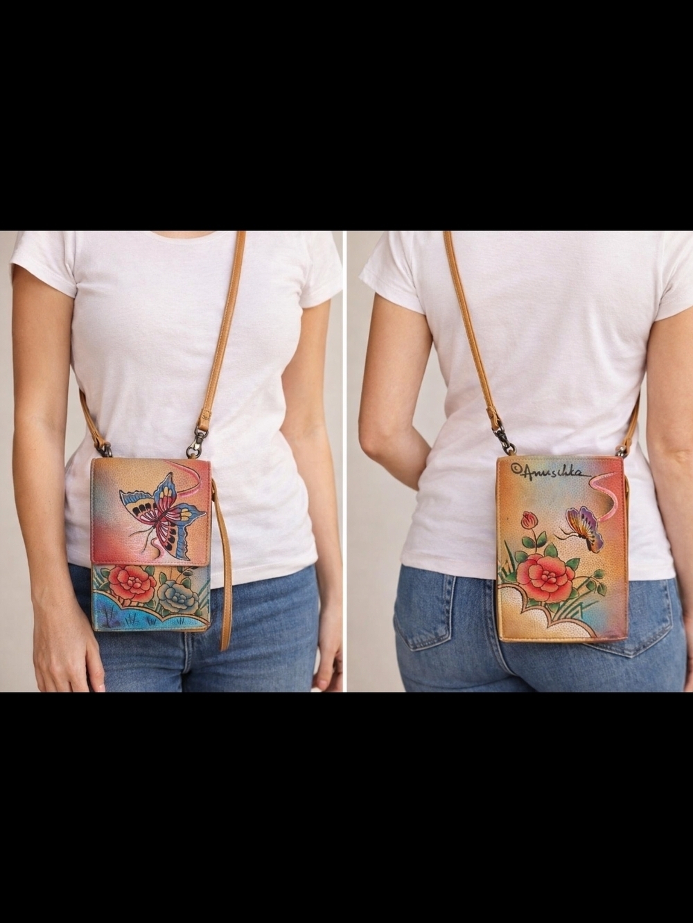 Anuschka Hand Painted Leather Crossbody Bag Butterfly Floral Mini Purse Clutch - Picture 8 of 16